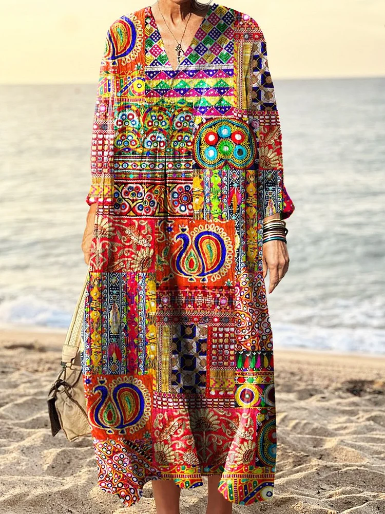 Women's Retro Bright Peacock Art Print V Neck Long Sleeve Dress