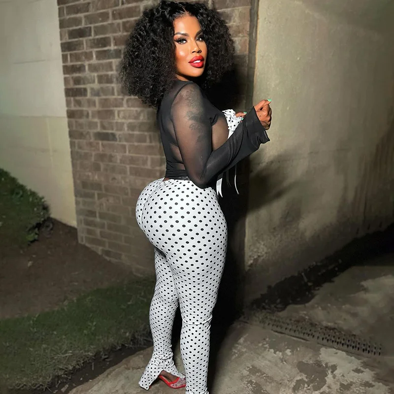 Uveng Uveng Women's Autumn And Winter Perspective Mesh Bow Bow Collar Tight Wave Dot Set