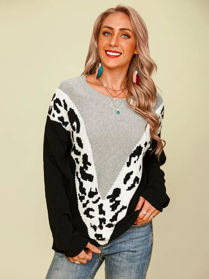 Acrylic Casual Long Sleeve Leopard Sweater | EGEMISS