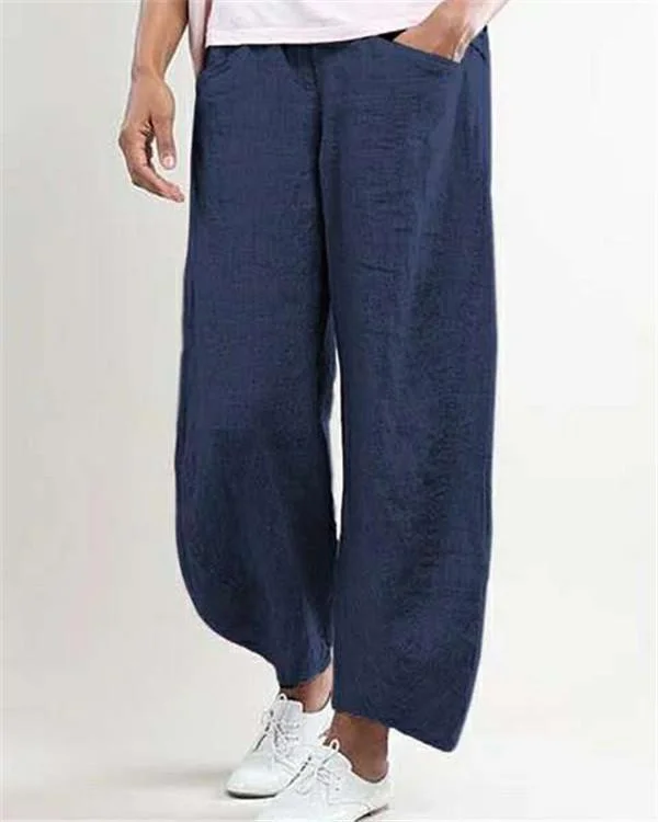 women plus size casual wide leg shift cotton pockets solid pants p104733