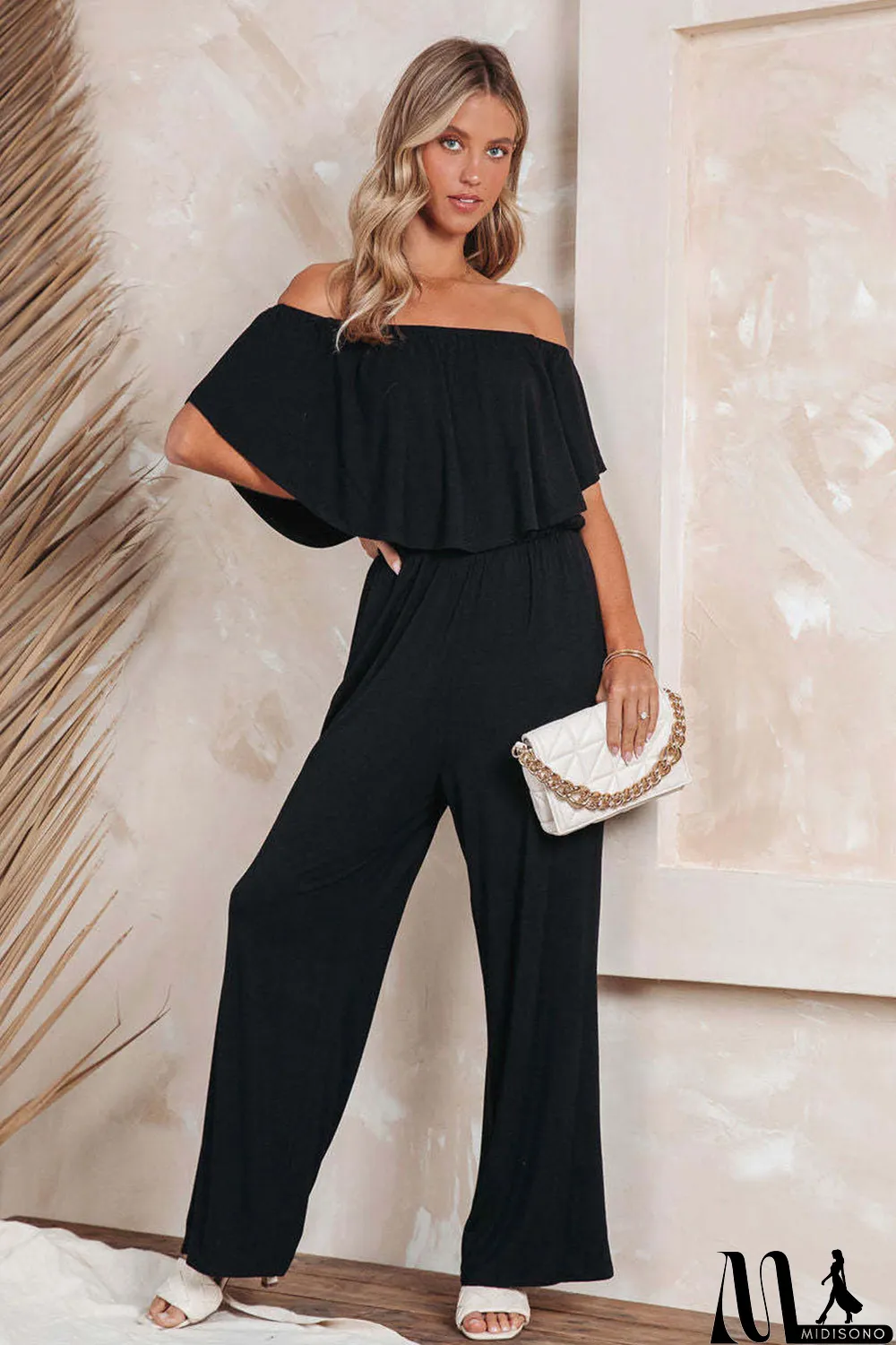 MidiSono - Black Solid Color Off Shoulder Wide Leg Jumpsuit