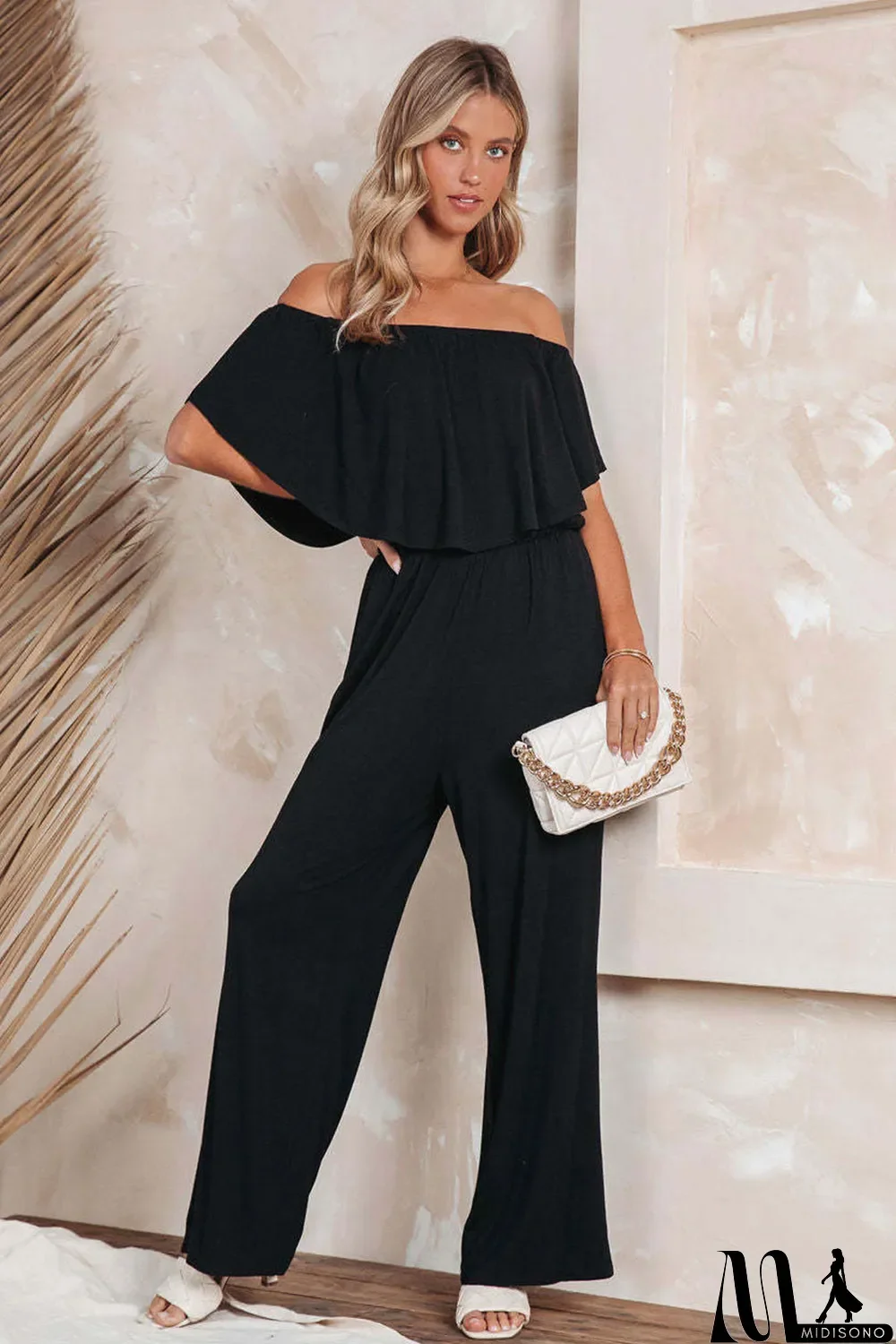 MidiSono - Black Solid Color Off Shoulder Wide Leg Jumpsuit