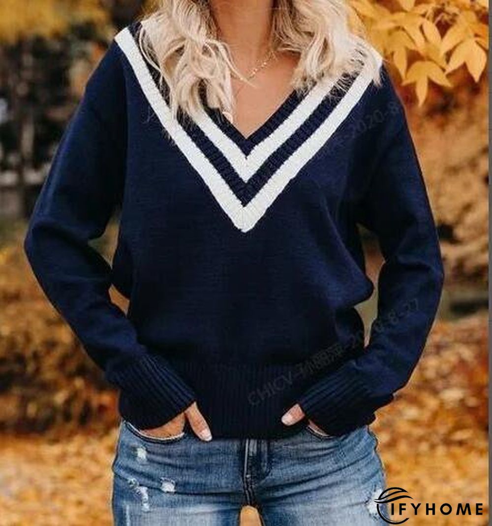 Deep Blue Casual Knitted Color-Block Long Sleeve Sweater | IFYHOME