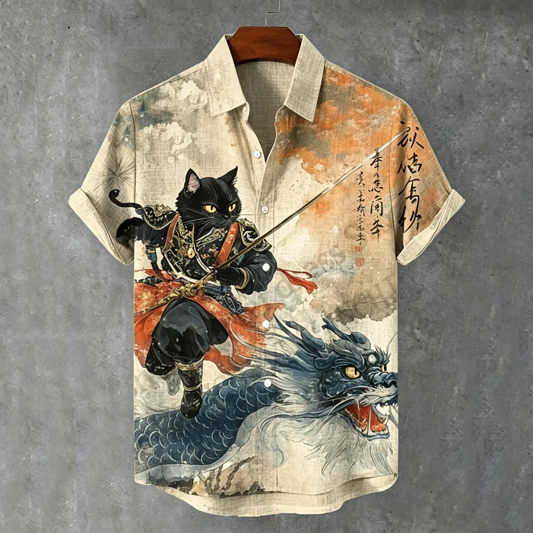 Men's Japanese Art Retro Cat Warrior Dragon Print Short-sleeve Linen Shirt  artssus