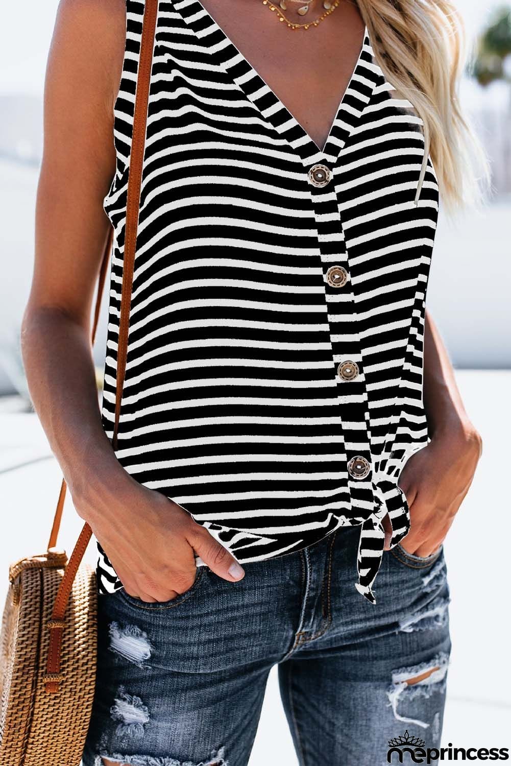 Stripe Print V Neck Buttoned Tie Knot Tank