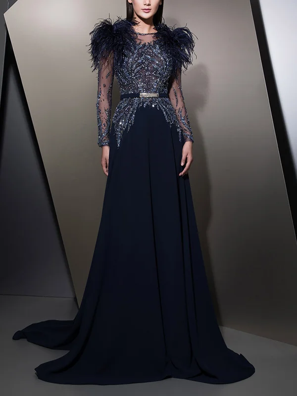 Solid Color Round Neck Feather Maxi Dress