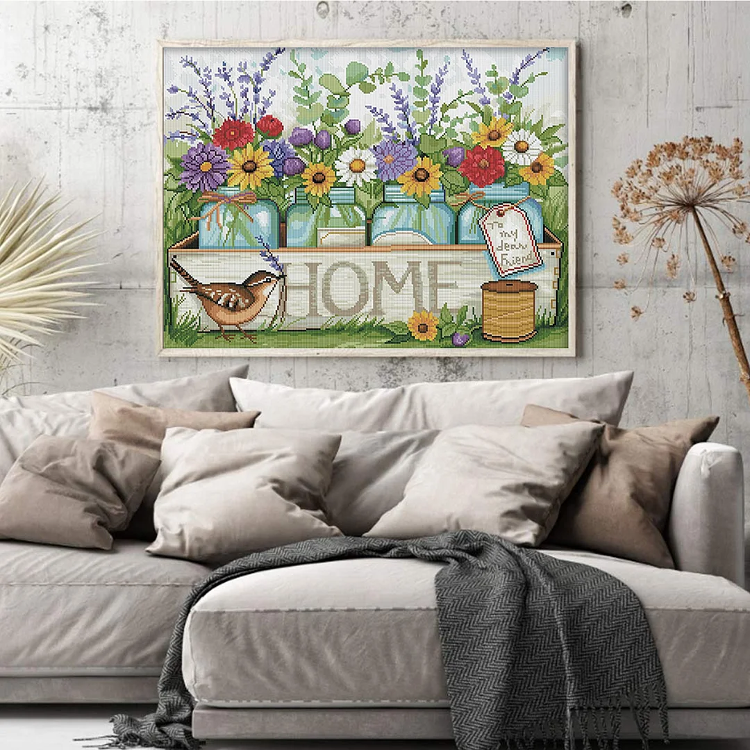 Home Vase and Bird Full 11CT DIY Stamped Cross Stitch Kits 50x40cm Home Decor