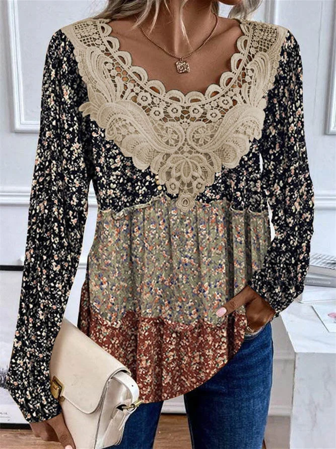 Women's Long Sleeve Scoop Neck Lace Stitching Floral Printed Top