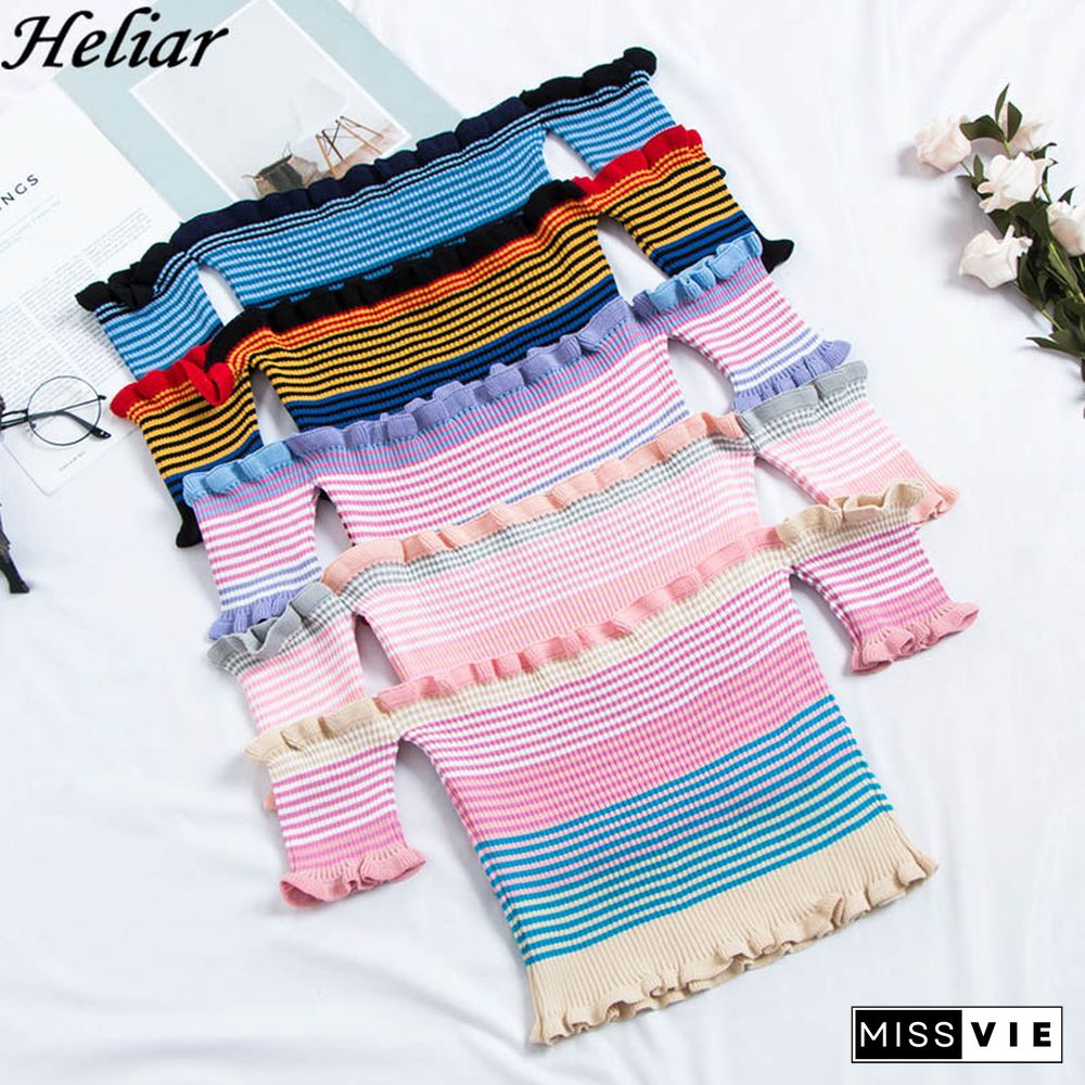 Heliar Women Rainbow Stripes Tops Female Off Shoulder Tops Women's Clothing Ruffles Hem Tees Lady Sexy Tops For Women T-Shirts