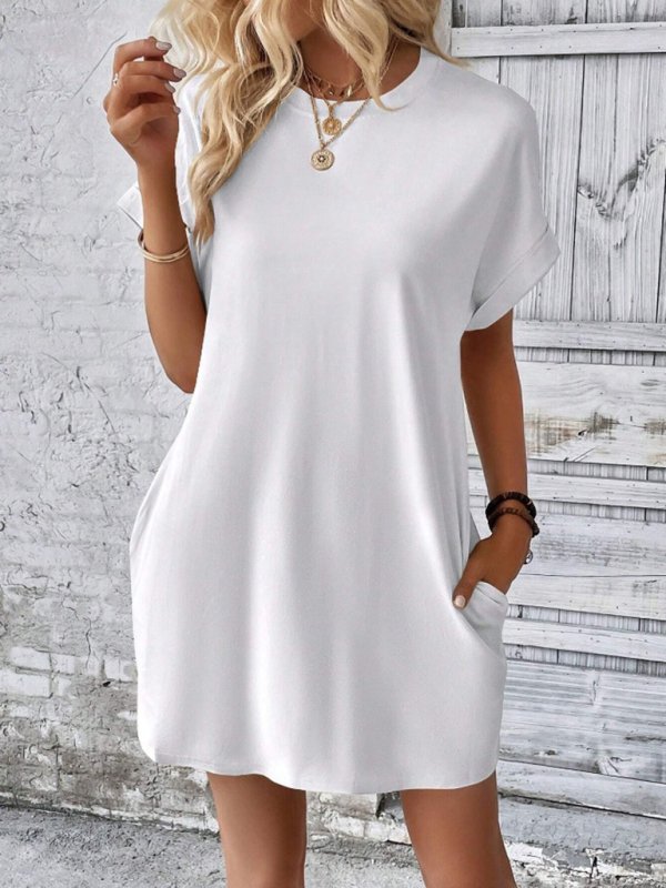 Mature Women New Spring and Summer Solid Color Round Neck Loose Summer Pocket Dress