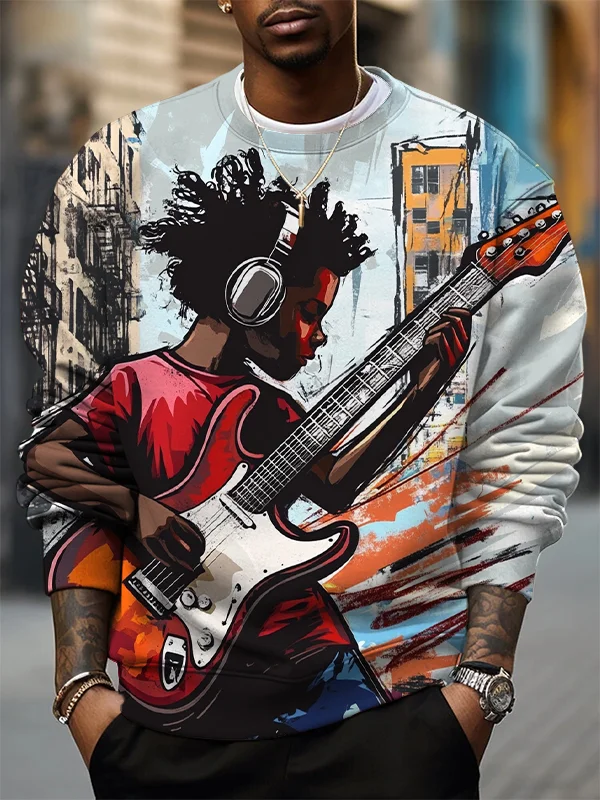 Men's Little Black Boy Music Lover Playing Guitar Freely Print Casual Sweatshirt