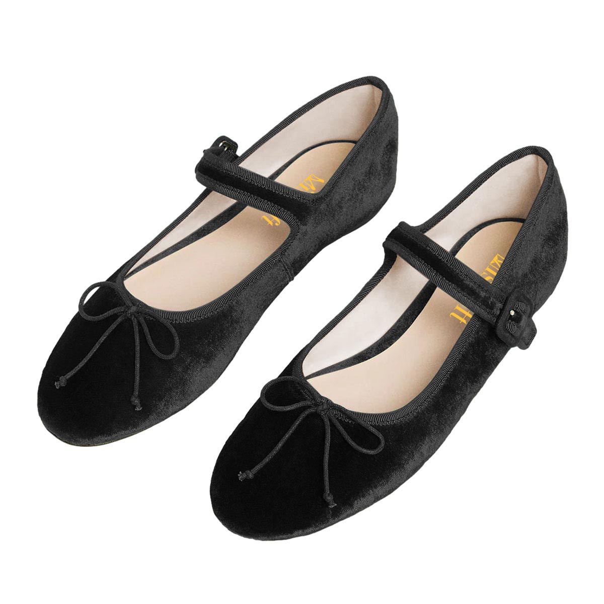 Black Velvet Round Toe Buckle Strap Mary Jane Flats with Bow Tie Nicepairs