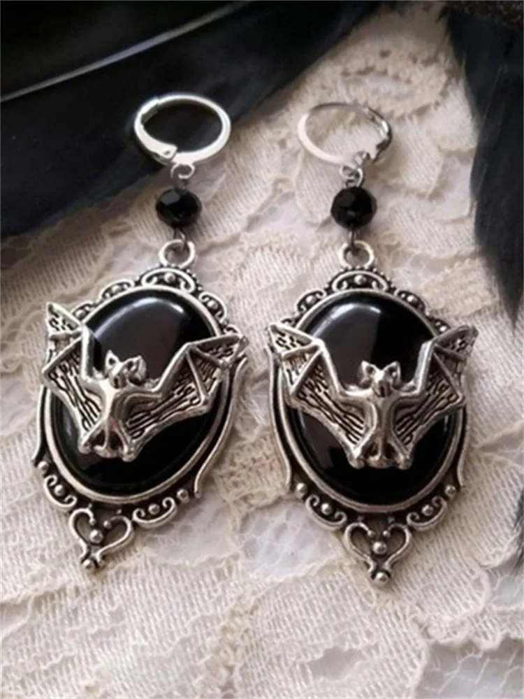 Vintage Bat Carved Black Stone Earrings