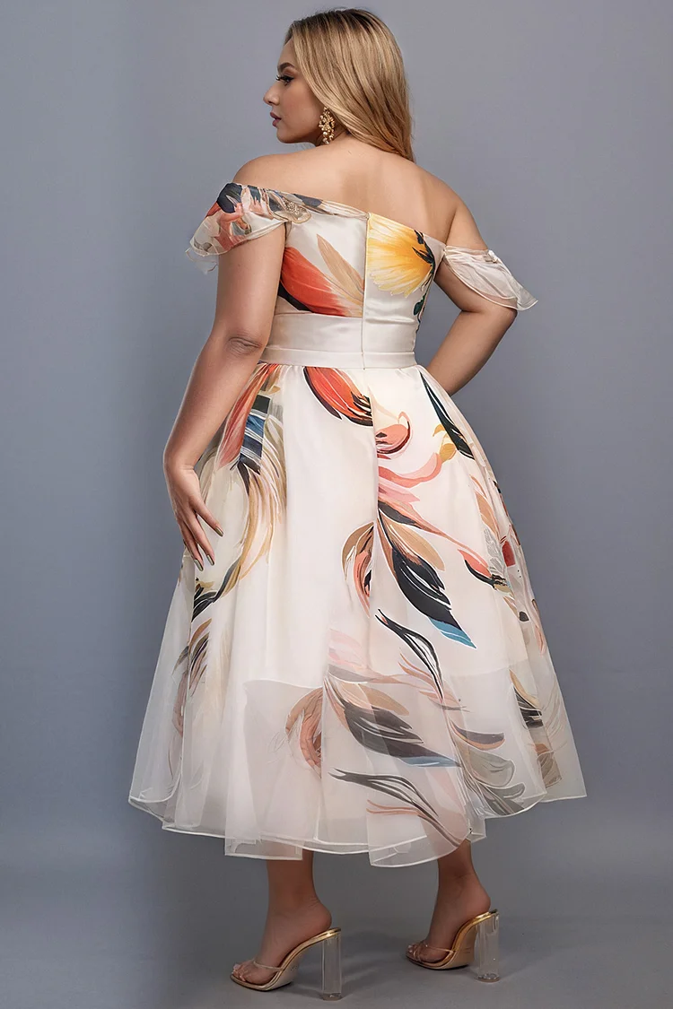 Xpluswear Design Plus Size Wedding Guest White Elegant All Over Print Oblique Collar Asymmetric Hem Tulle Midi Dresses
