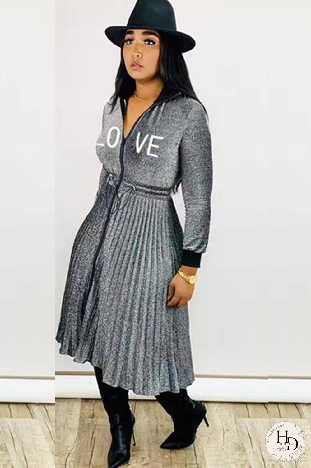 Army Green Sexy Cap Sleeve Long Sleeves Turndown Collar pleated Knee-Length Character Solid Long Sle