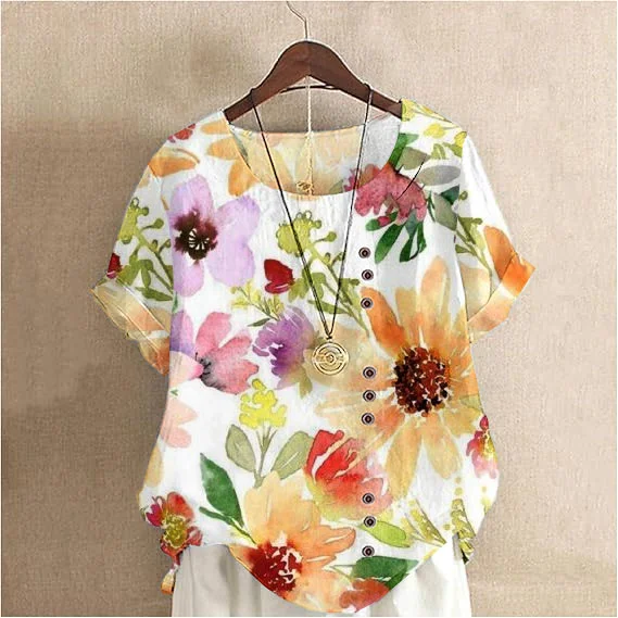 Women'S Watercolor Floral Pattern Cotton And Linen Short Sleeve Top