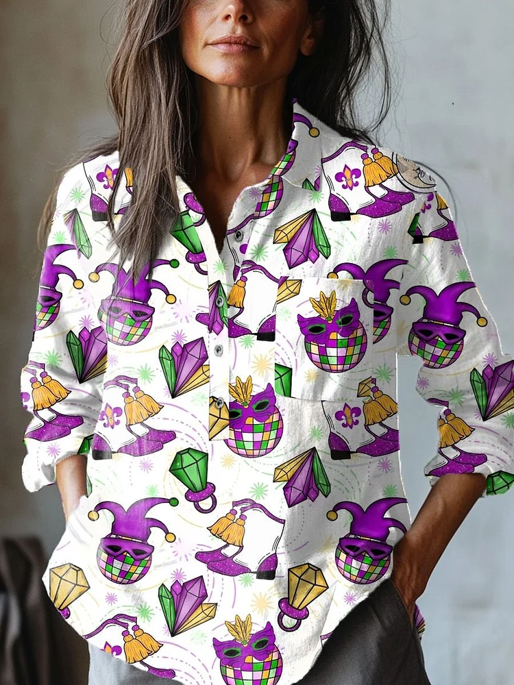 Women's   Mardi Gras  Art Print Casual Cotton And Linen Shirt