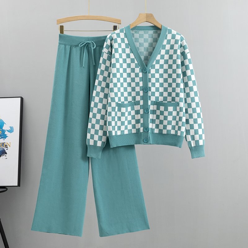 Woherb new women's suit trousers two-piece suit female spring and autumn casual Fashion Plaid top and Wide Leg pants 2 Piece Set