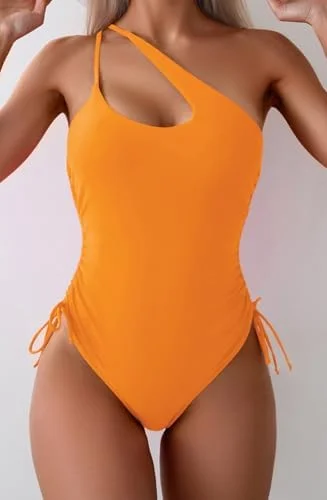 One Shoulder High Cut Tie Side Drawstring Swimsuits