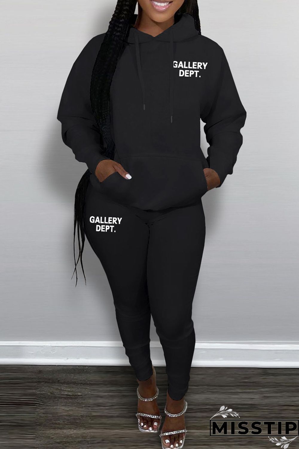 Black Casual Letter Print Patchwork Hooded Collar Long Sleeve Two Pieces