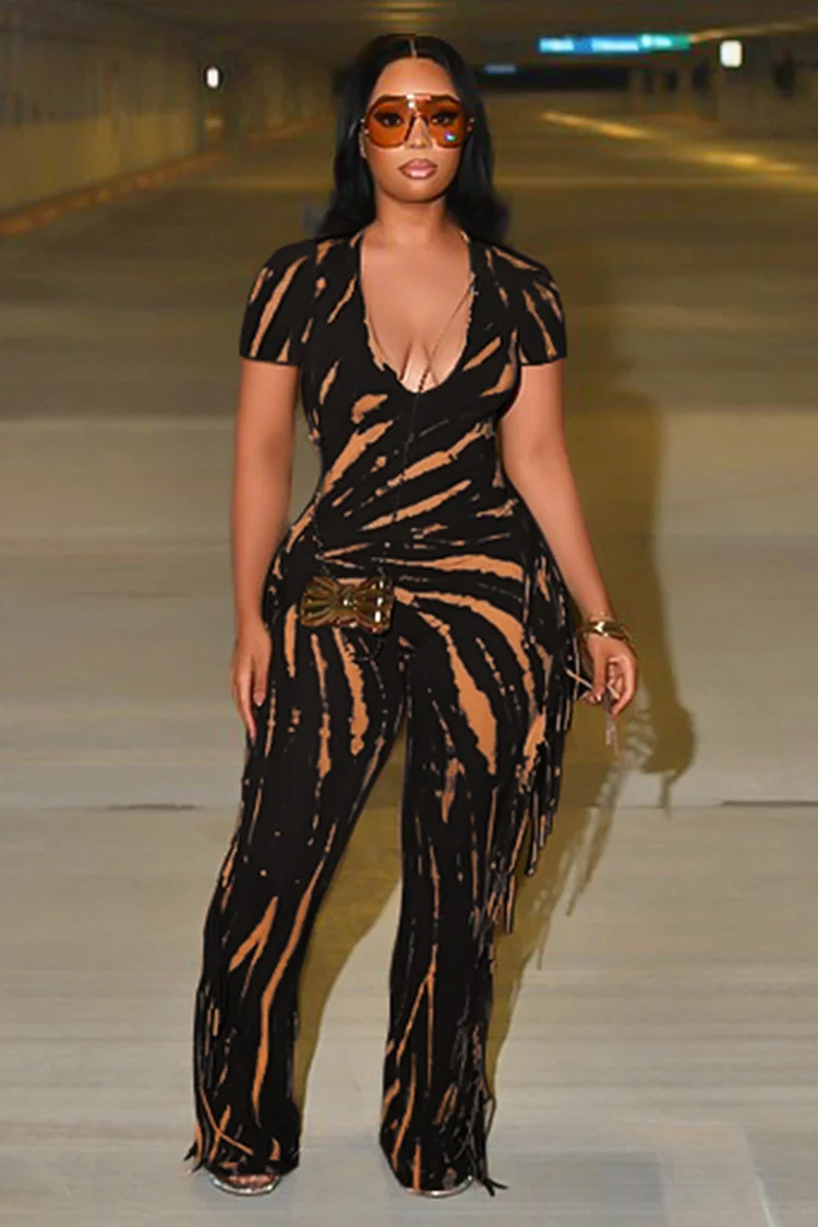 Short Sleeve Deep U Neck Print Fringe EDM Party Jumpsuit-Black
