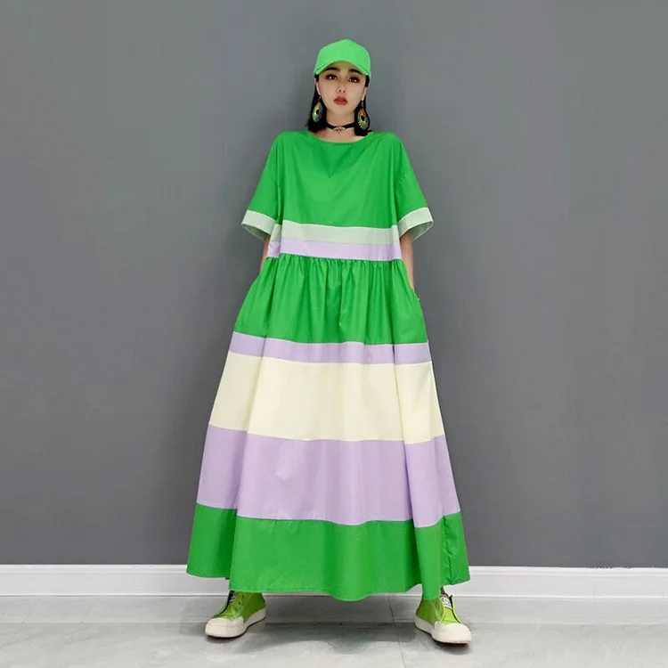 Fashion O-neck Collar Contrast Color Folds Splicing Simplicity Loose Dress