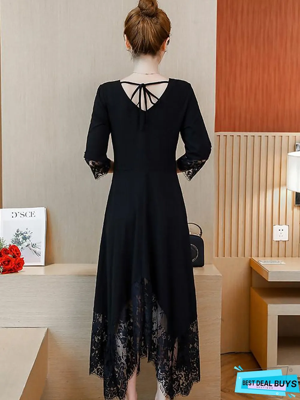 Womens A-Line Dress Maxi Long Sleeve Black Solid Colored Lace Trims Spring Fall Neck Plus