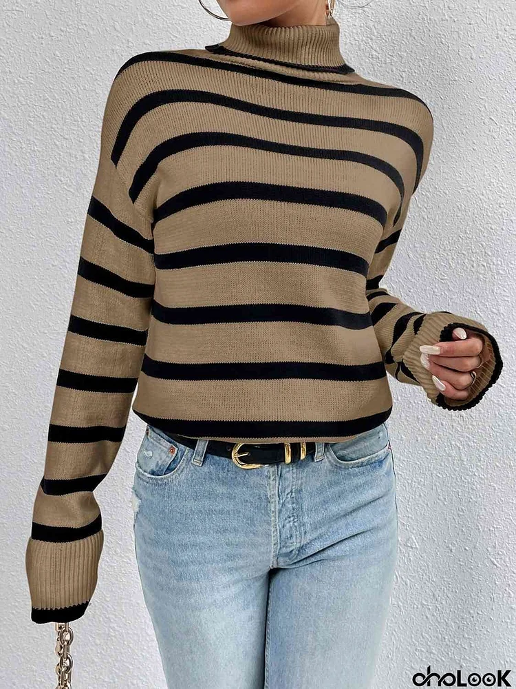 Striped Turtleneck Drop Shoulder Sweater