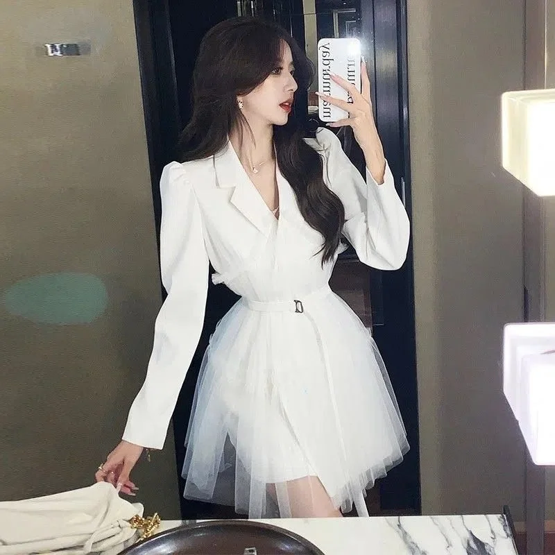 Abebey 2023 Spring Women Elegant Patchwork Long Sleeve Dress Office Lady Mesh Blazer Dress Female Korean Fashion Dress
