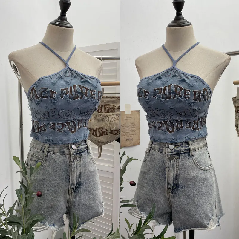 Uveng Real Shooting Spice Girls Letter Printing To Make Old Hole Hanging Neck Sling Vest Short With Chest Cushion Top 6672
