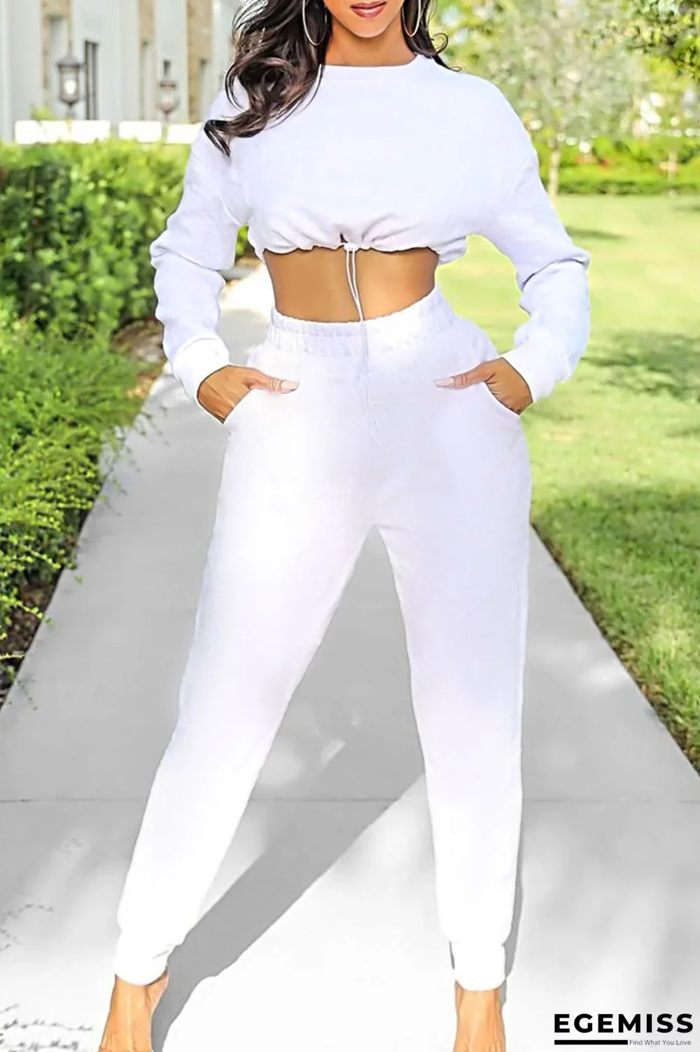 White Fashion Casual Solid Patchwork O Neck Long Sleeve Two Pieces | EGEMISS
