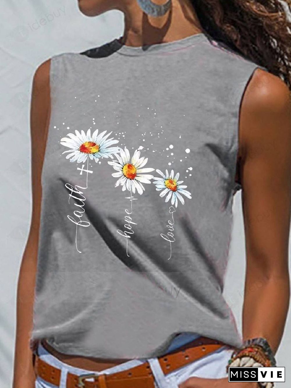 Floral-Print Casual Sleeveless Floral T-shirt