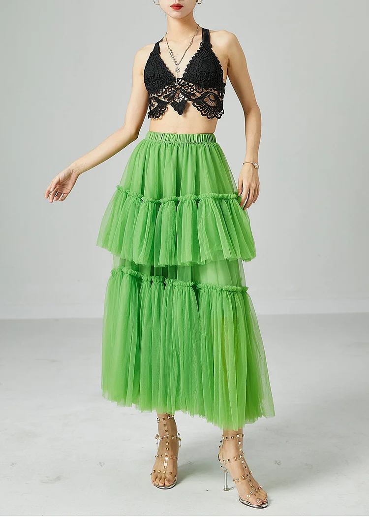 6.25Boho Green Elastic Waist Patchwork Wrinkled Tulle Skirts Summer