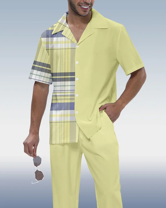 Suitmens Men's Color Block Check Print Short Sleeve Shirt Walking Set 2 Colors 475