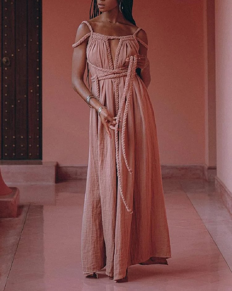 Cotton And Linen Braid Drawstring Open-back Dress