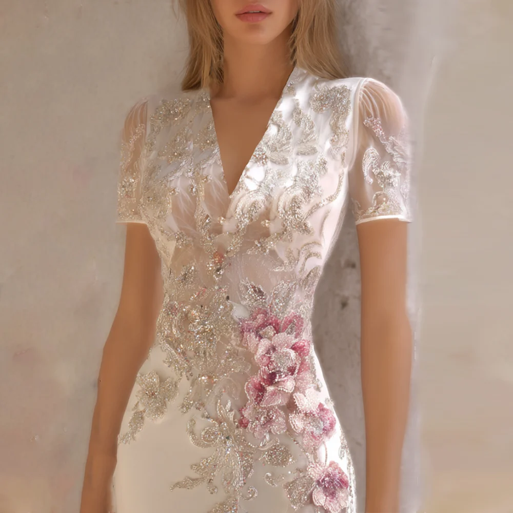 Bohemian Style Pink Flower Silver Sequin Small V-neck Short-sleeved Long Dress