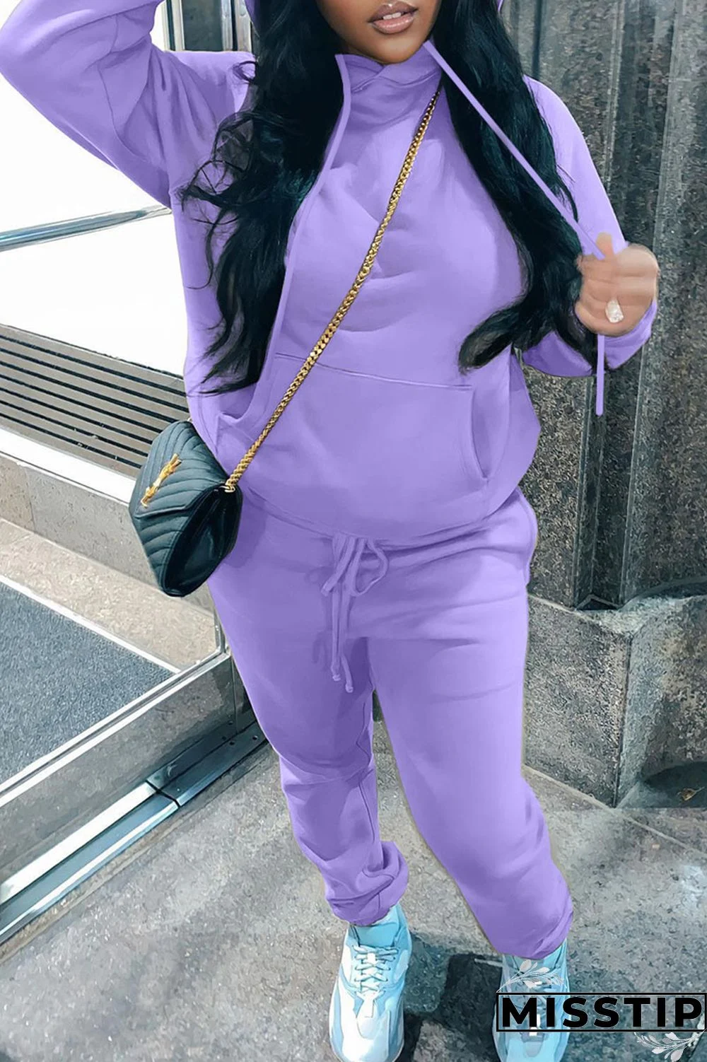 Blue Casual Solid Patchwork Hooded Collar Long Sleeve Two Pieces