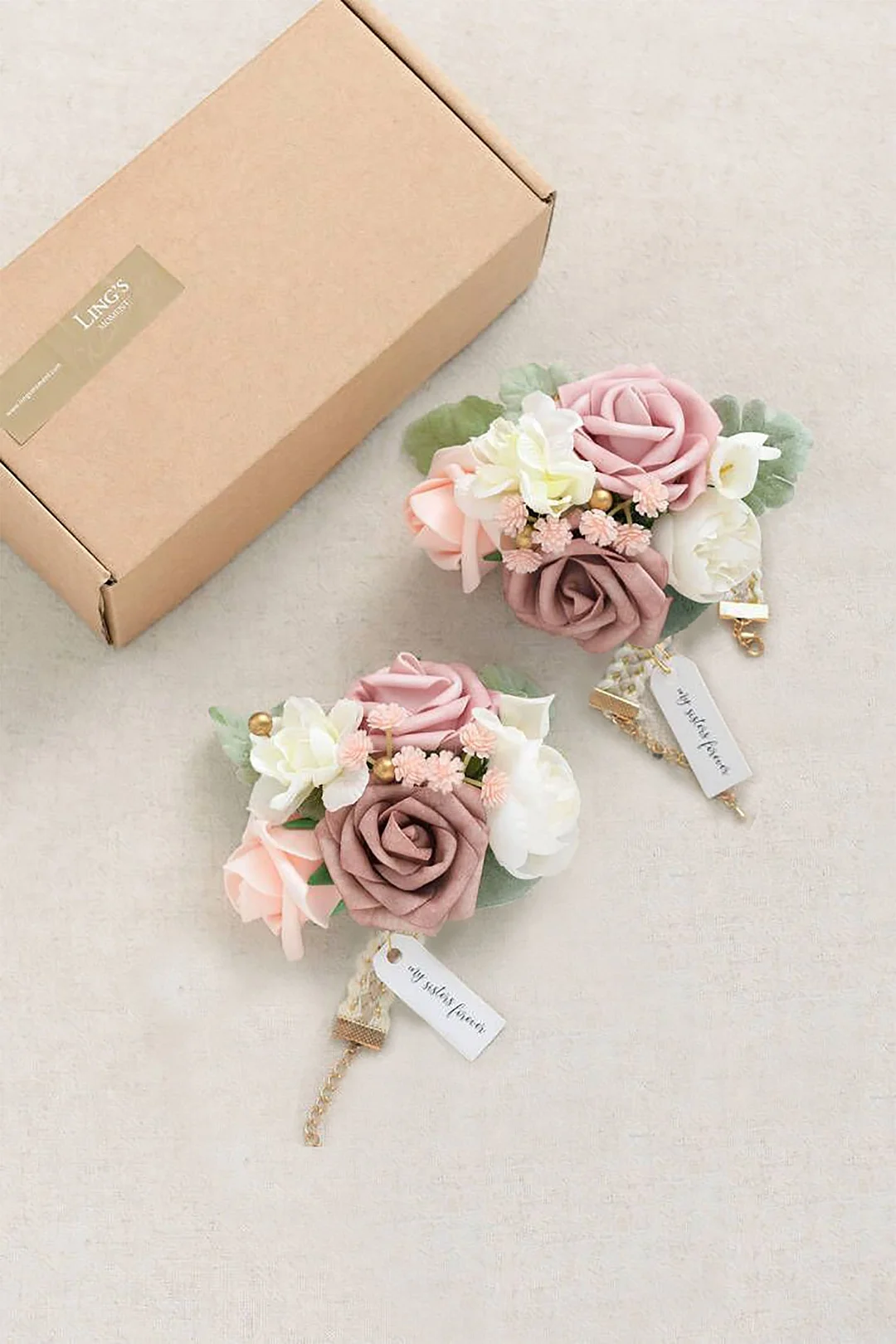Wrist Corsages in Dusty Rose & Cream