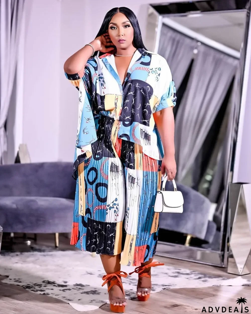 Plus Size Women Fashion Print Loose Short Sleeve Shirt + Pleated Pants Two Piece Set