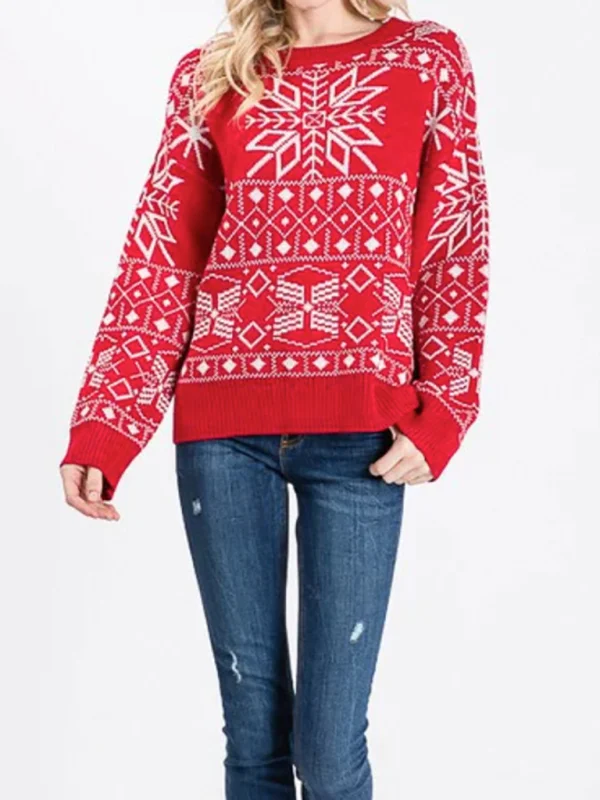 Women's Christmas Crew Neck Drop Shoulder Sleeve Sweater Flusfy