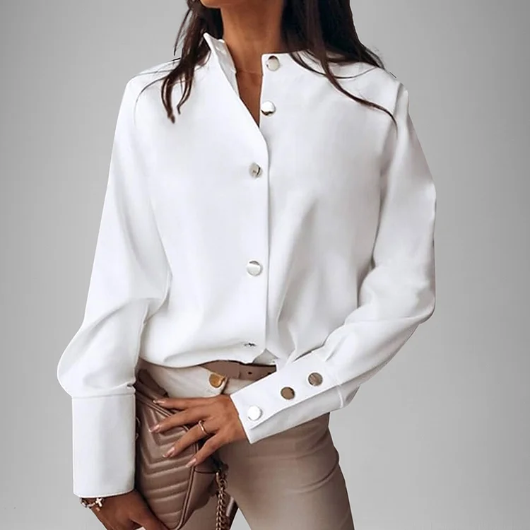 Elegant Stand Collar Button Up Long Sleeve Blouse