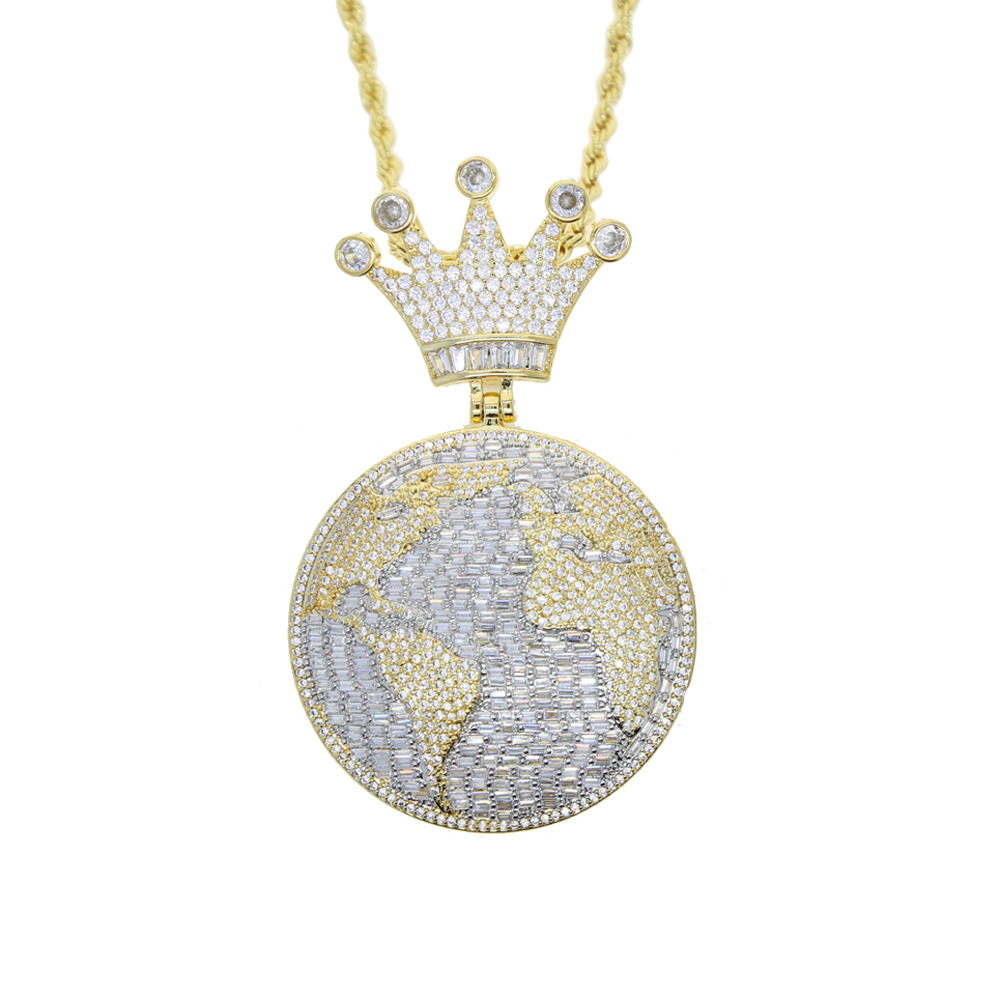 Iced Out Crown Globe Earth Zircon Hip Hop Pendant Paired with 61 cm Rope Chain