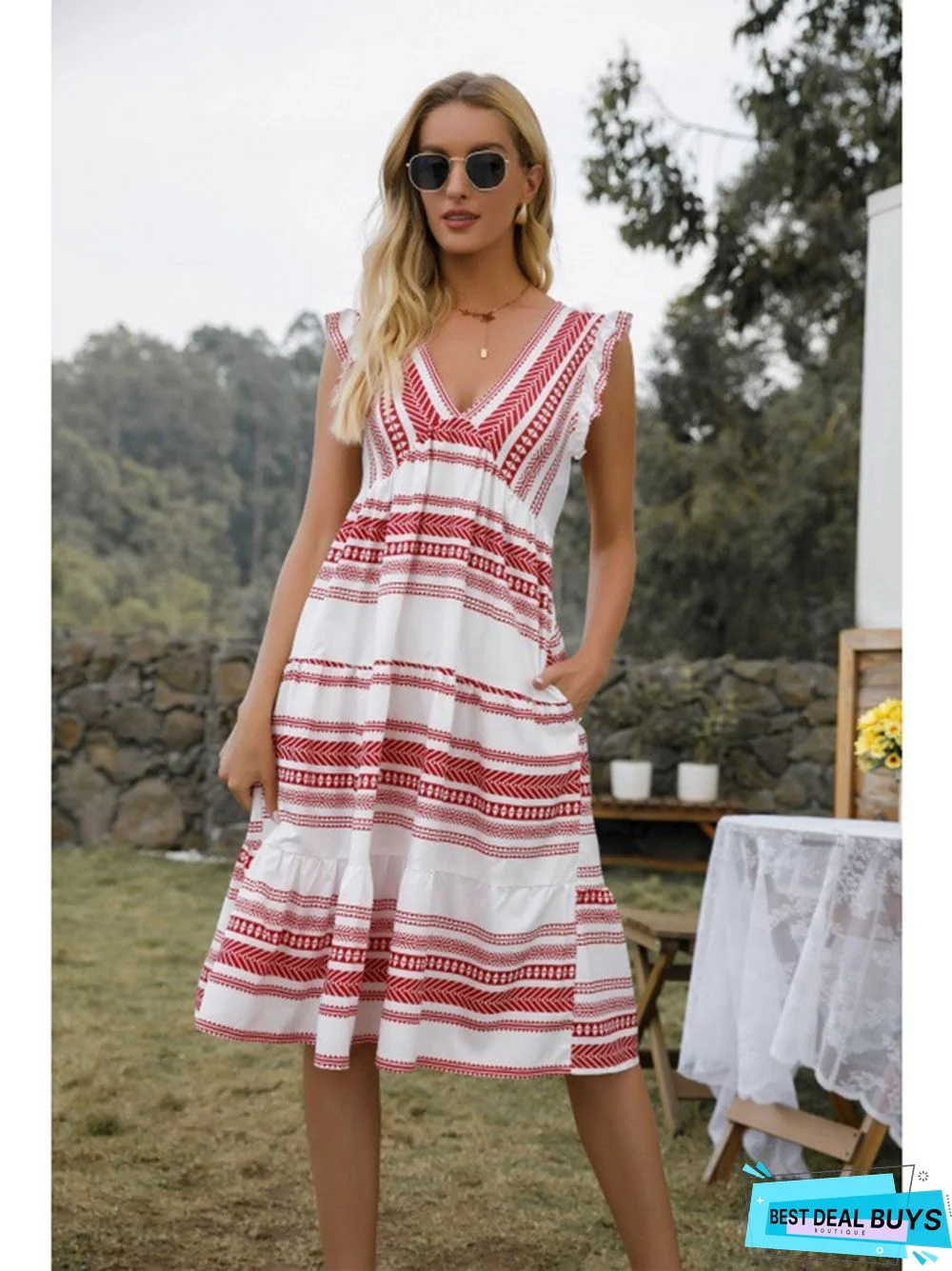 Bohemian V-Neck Pocket Striped Dress