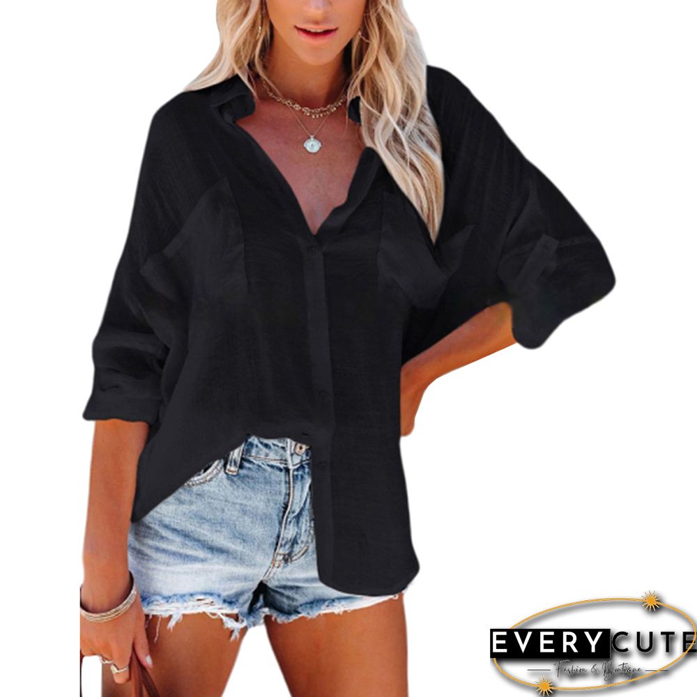 Black Lapel Collar Pocket Button Shirt