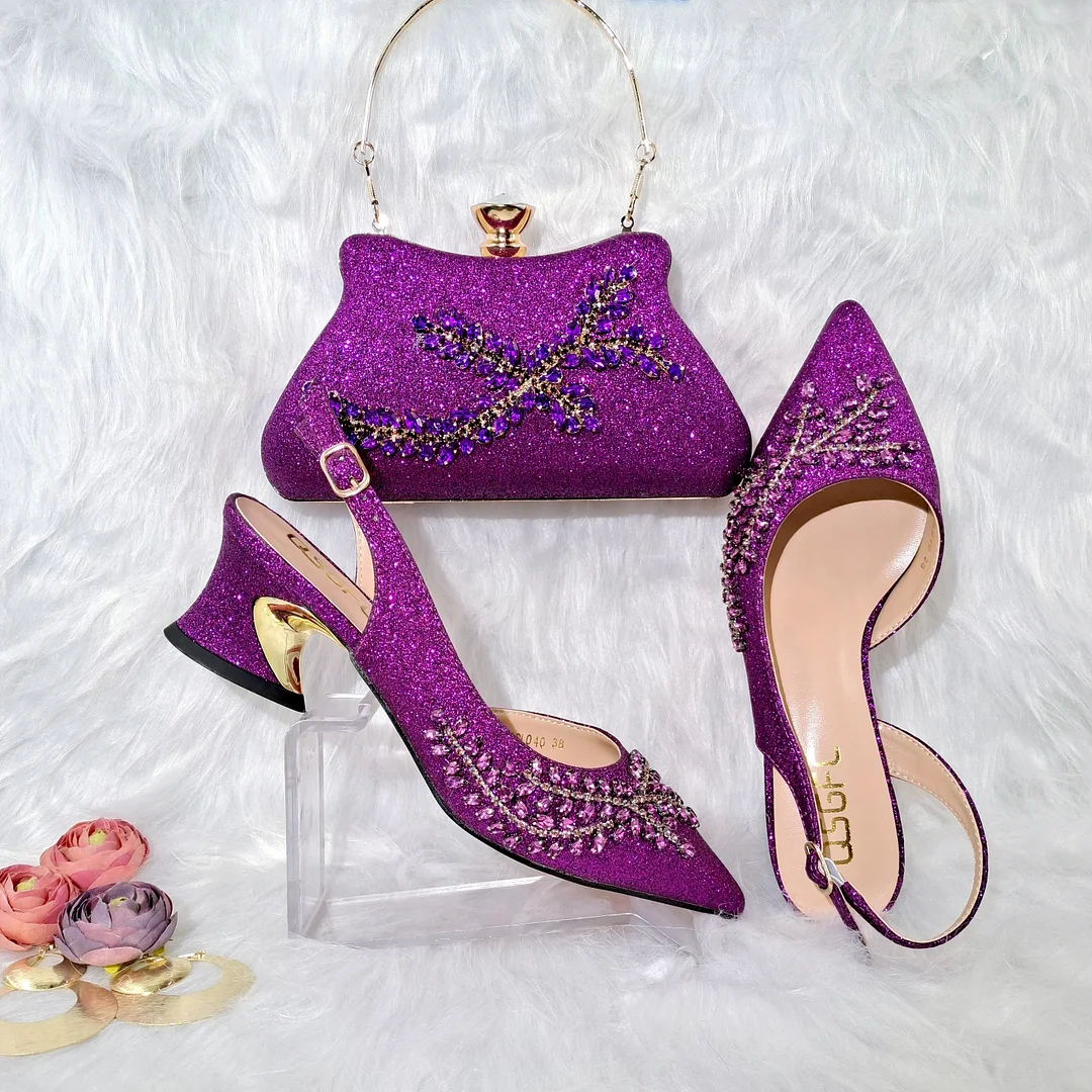 QSGFC 2022 Orange Color Shaped Mid-heel Design Shoes Popular Pointed Ladies Shoes And Bags African Wedding Party Shoes With Bag