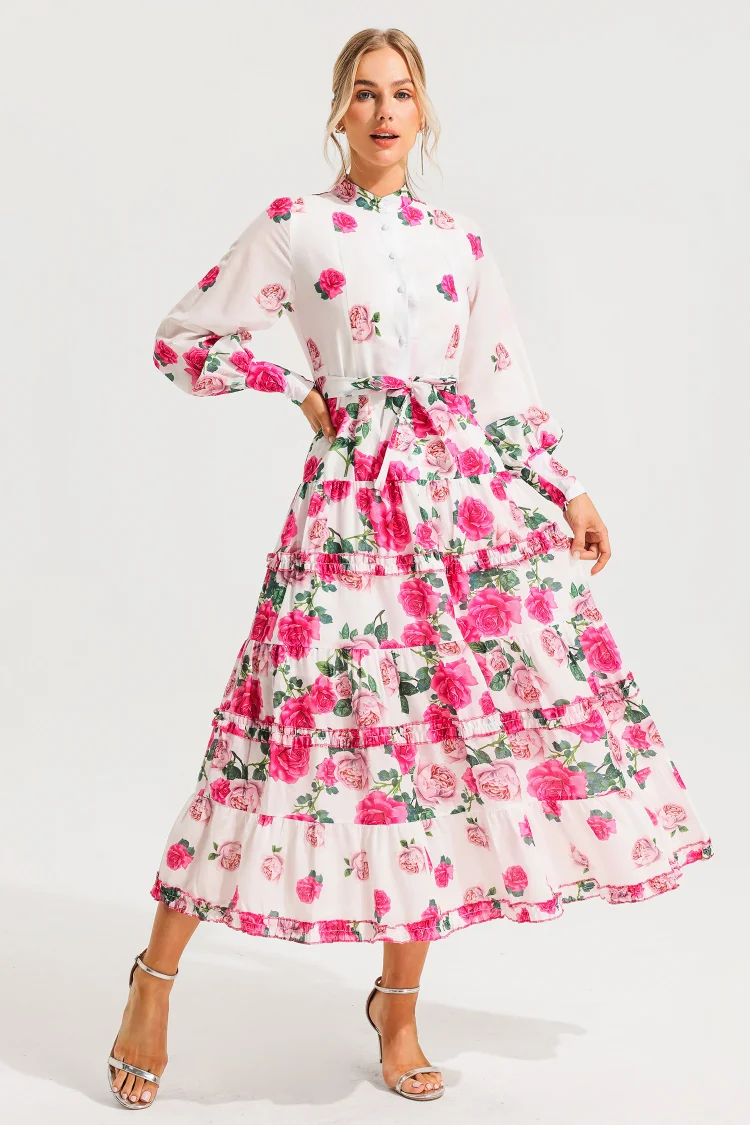 Floral Stand Collar Lantern Sleeve Midi Dress With Belt