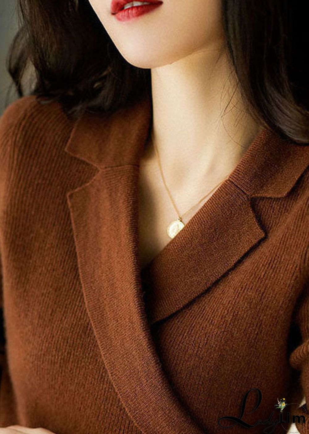 Chic Caramel Peter Pan Collar asymmetrical design slim fit Fall Sweater