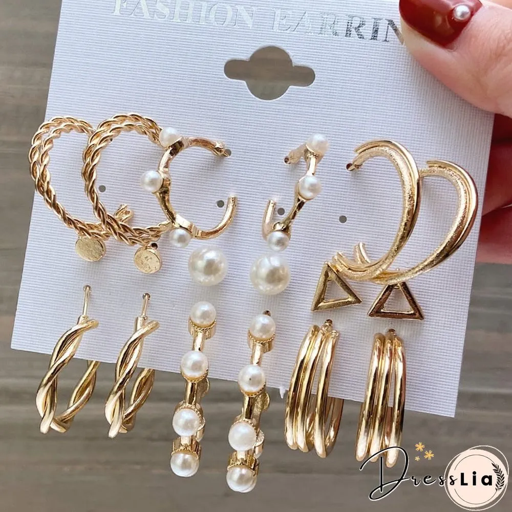 17KM Fashion Pearl Hoop Earrings Set For Women Geometirc Gold Metal Circle Hoop Earrings Brincos Trend Jewelry Gift