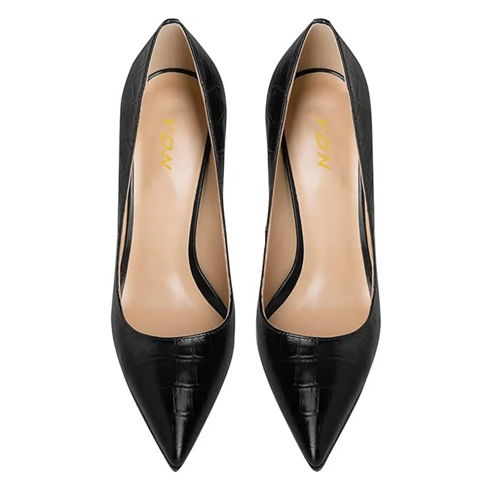 Chic Black Pointed Toe Chunky Heel Croc Embossed Pumps for Women