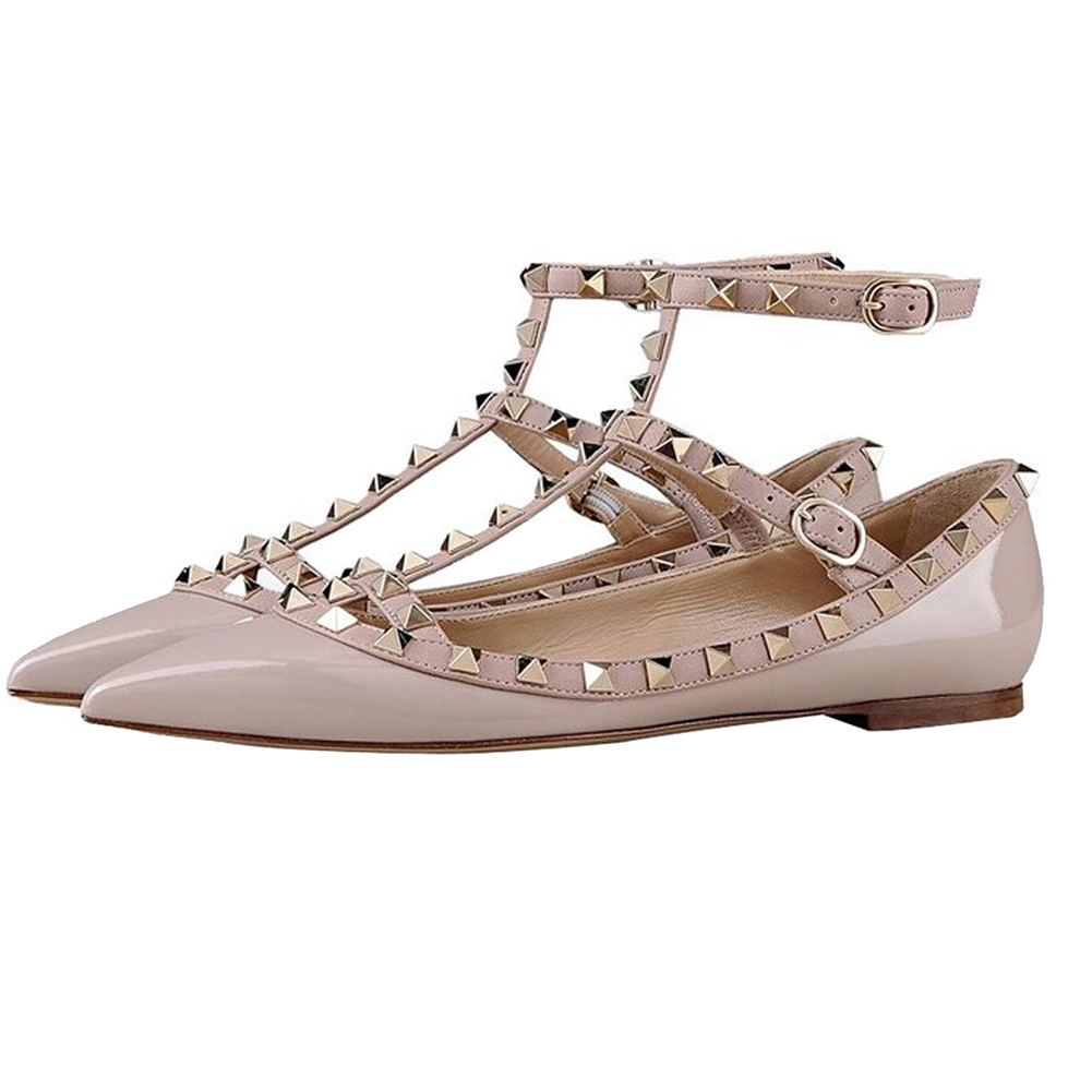 Women's Flats Rivets Rockstud Daily Pointed Toe Ballet Apricot Patent Shoes-vocosishoes